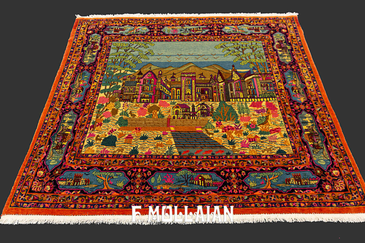 Square Antique Pictorial Persian Kashan Dabir Rug n°:435375